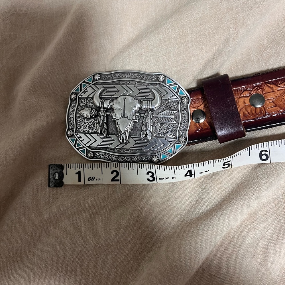Silver Western Belt Buckle with Brown Leather Strap